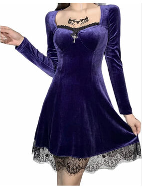 NEW Gothic Lolita Lace Dress Long Sleeve Lace-up Vintage Punk Puff Sleeve L